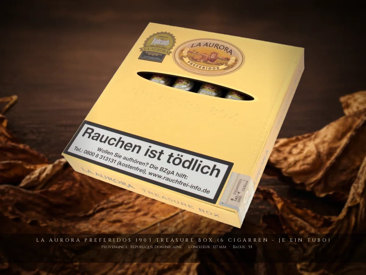 La Aurora Preferidos 1903 Treasure Box (6 Cigarren - je ein Tubo) — La Aurora — République Dominicaine